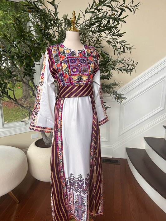 Traditional White Tatreez Thobe with Embroidery Purple Detailing