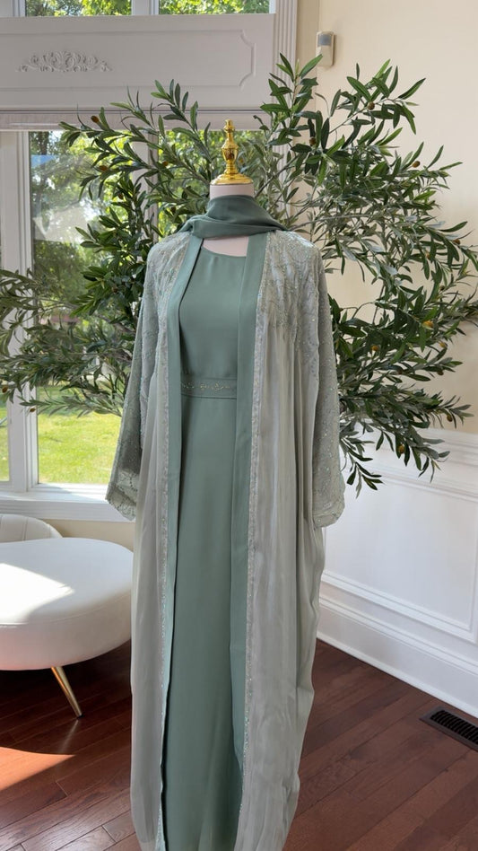 Light Mint Sparkle Luxe Two-Piece Abaya