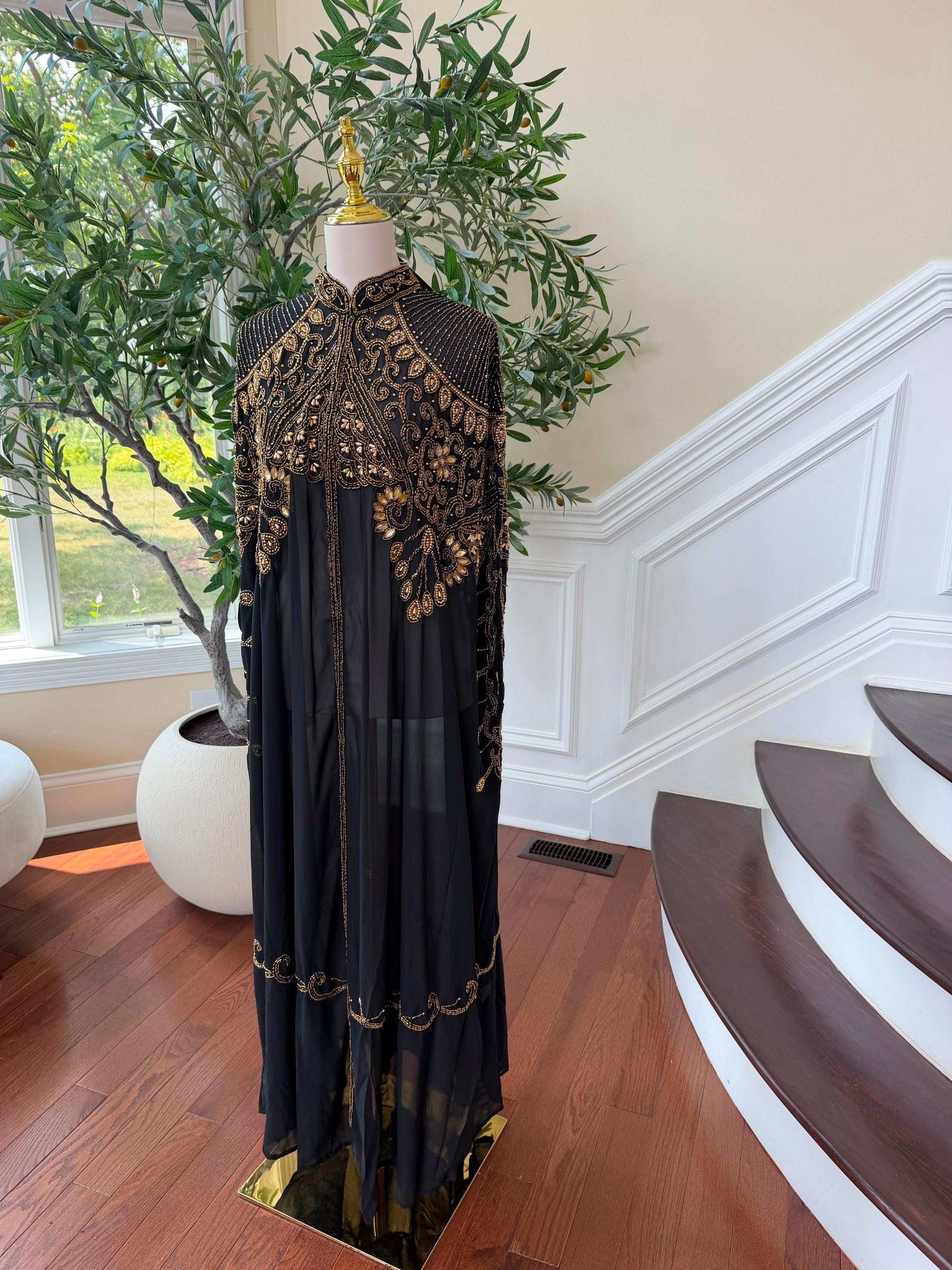 Golden Beaded Black Elegance Cardigan Abaya