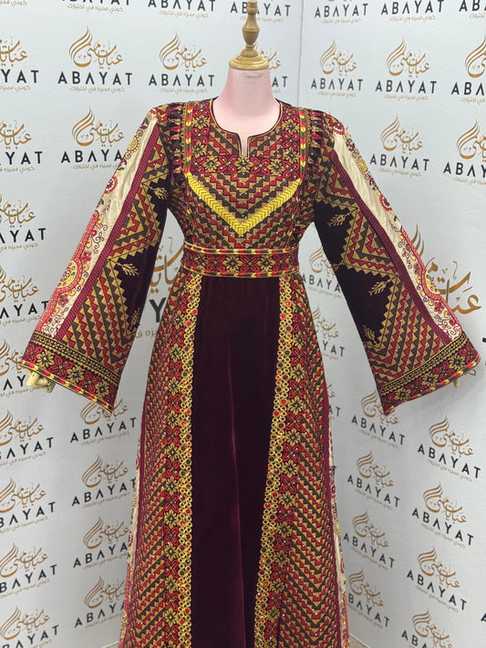 Burgundy Velvet Palestinian Thobe – Gold & Red Tatreez Embroidery with Belt A09042025