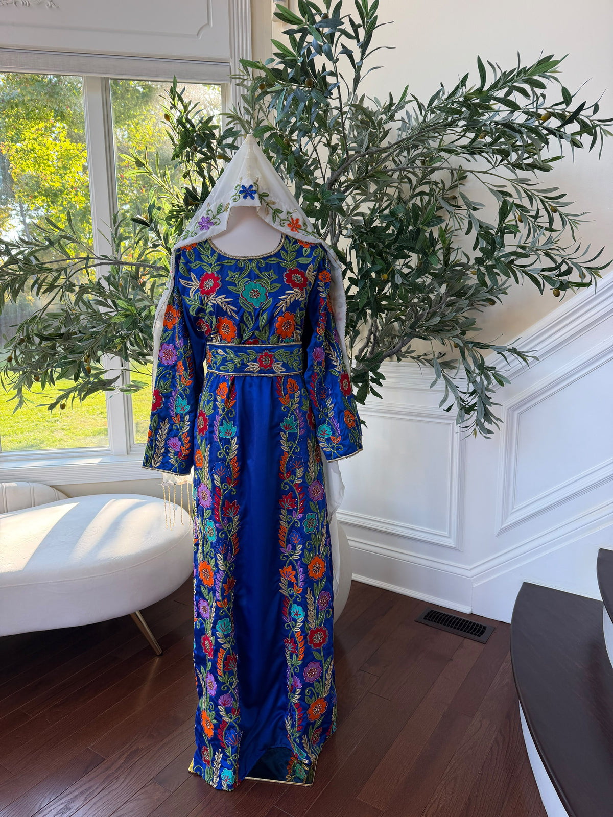 Elegant Royal Blue Floral Embroidered Palestinian Stone Thobe (scarf not included)