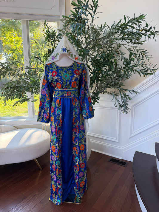 Elegant Royal Blue Floral Embroidered Palestinian Stone Thobe (scarf not included)