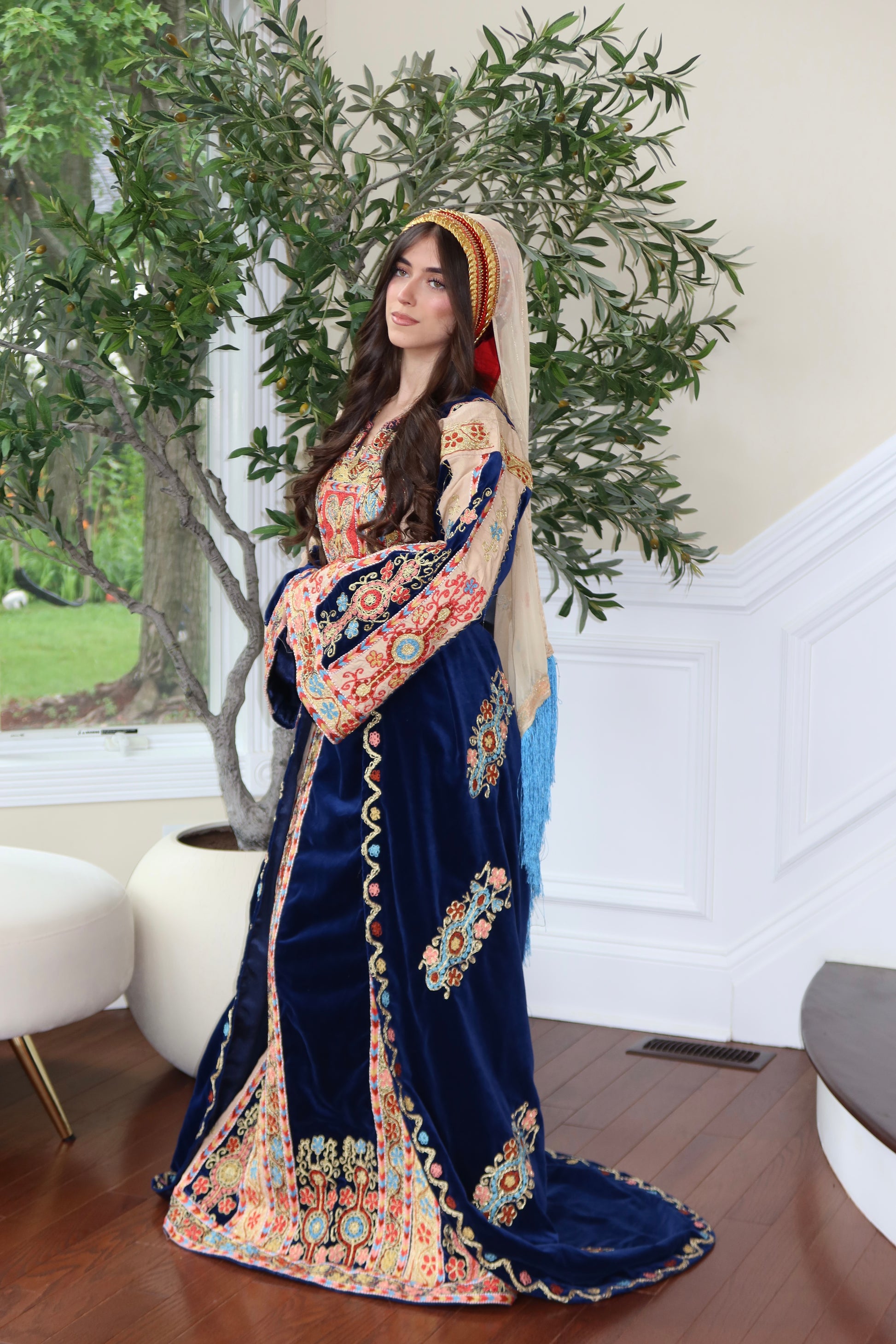 Royal Blue Malaka Handmade Thobe – Luxe Velvet & Intricate Tatreez Skirt and Khirka Shal included