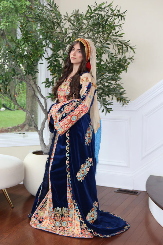 Royal Blue Malaka Handmade Thobe – Luxe Velvet & Intricate Tatreez Skirt and Khirka Shal included