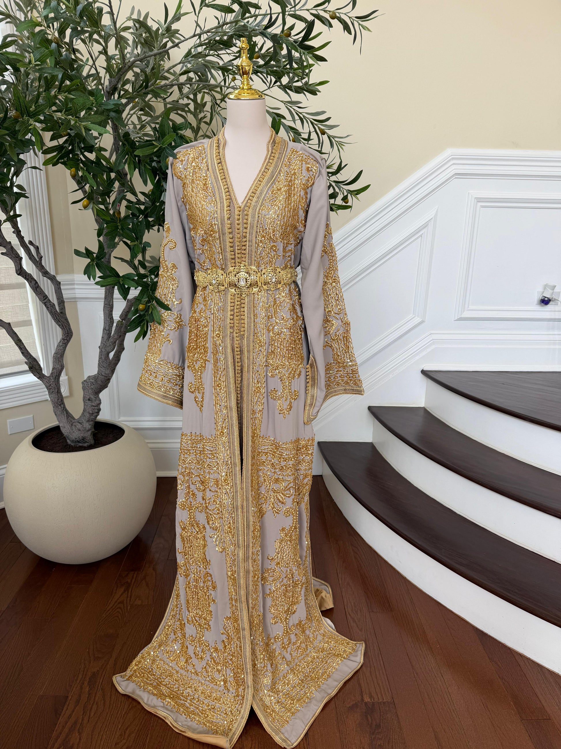 Golden Grey Beaded Elegance Kuftan