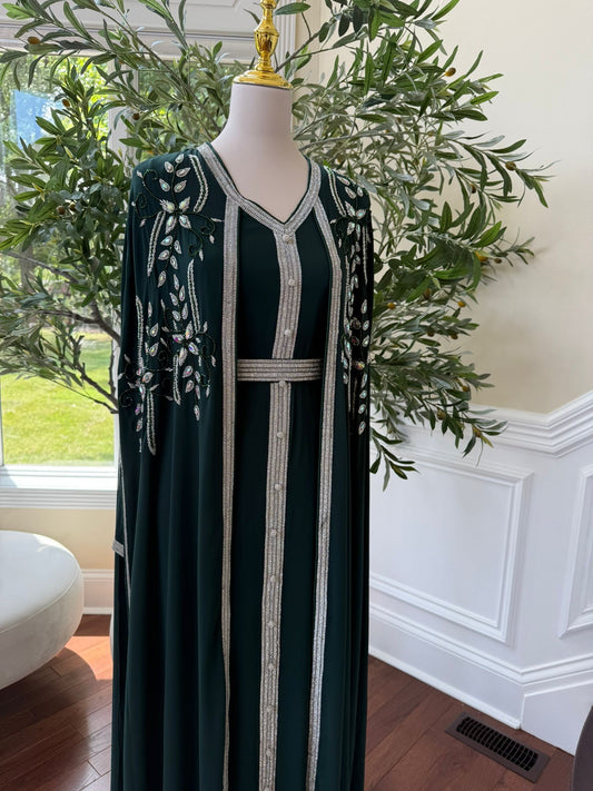 Emerald Green Embellished Chiffon Kaftan Crystal Vine Detail