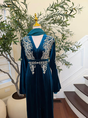Turquoise Velvet Stone Beaded Abaya