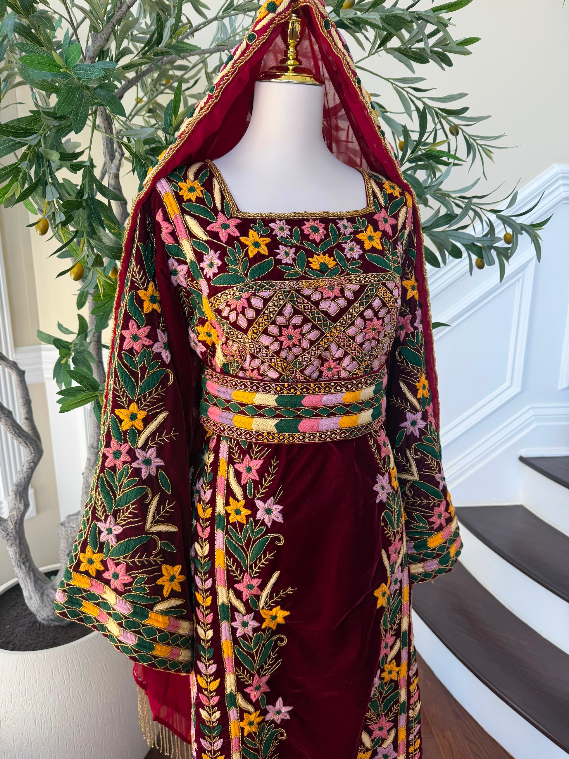 Velvet Red Embroidery Beaded Thobe