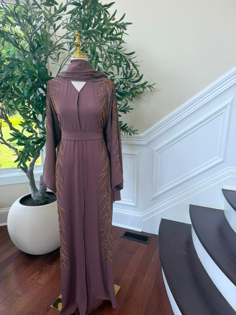 Muave Golden Beaded Abaya