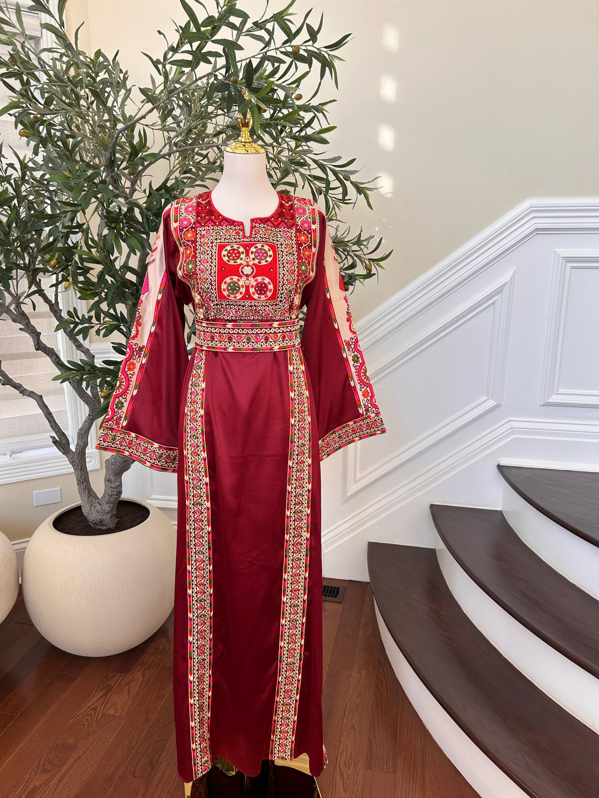 Red Embroidery Tatreez Satin Thobe