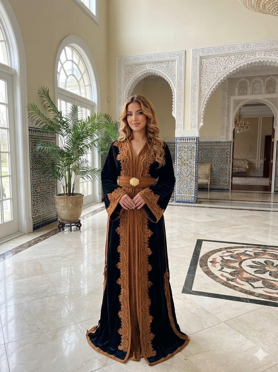 Forest Emerald Green Whisper Velvet Kuftan Brown Embroidery