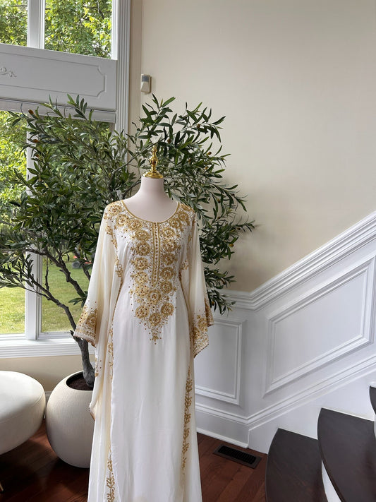 Luxury White Kuftan Golden Detail Gown
