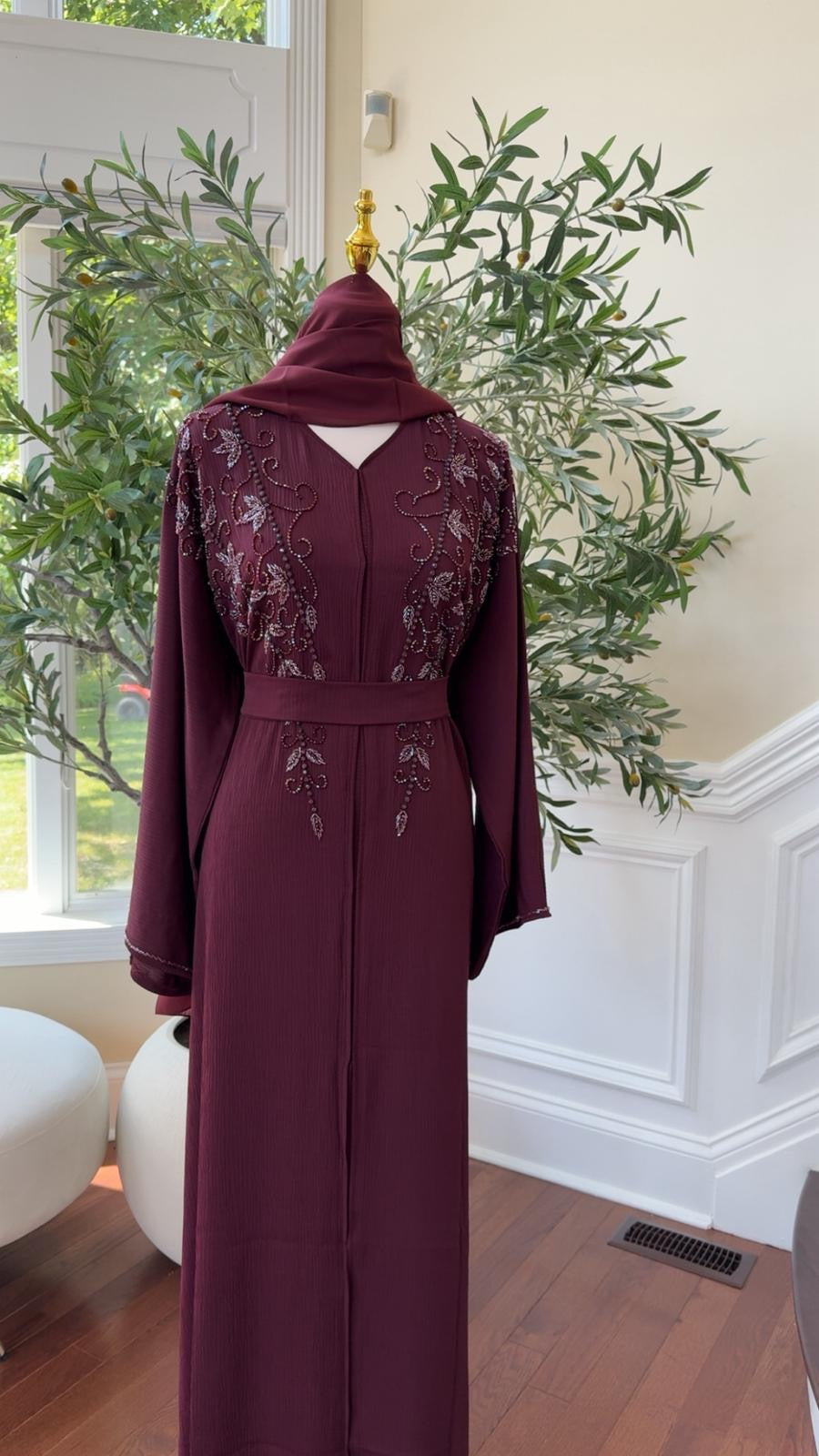Burgundy Rose Quality Beaded Abaya