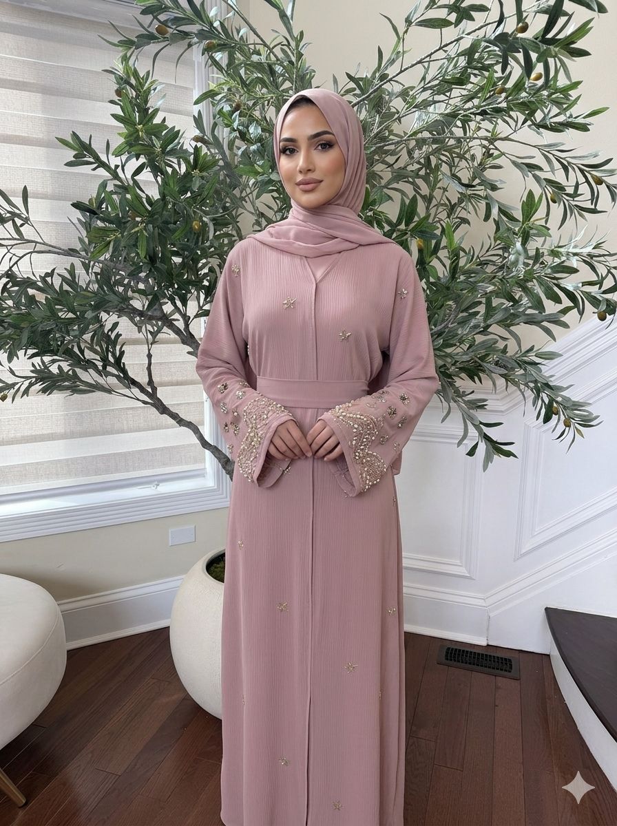 Rose Blush Floral Sleeve Beaded Abaya