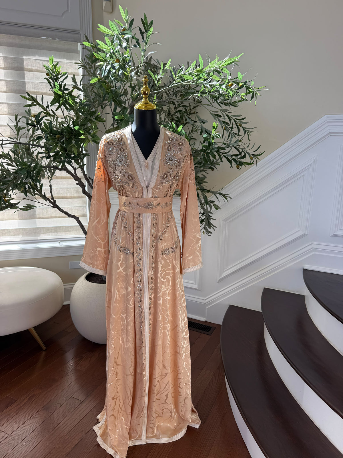 Elegant Peach Embroidered Kaftan with Silver Beadwork