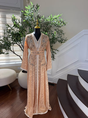 Elegant Peach Embroidered Kaftan with Silver Beadwork