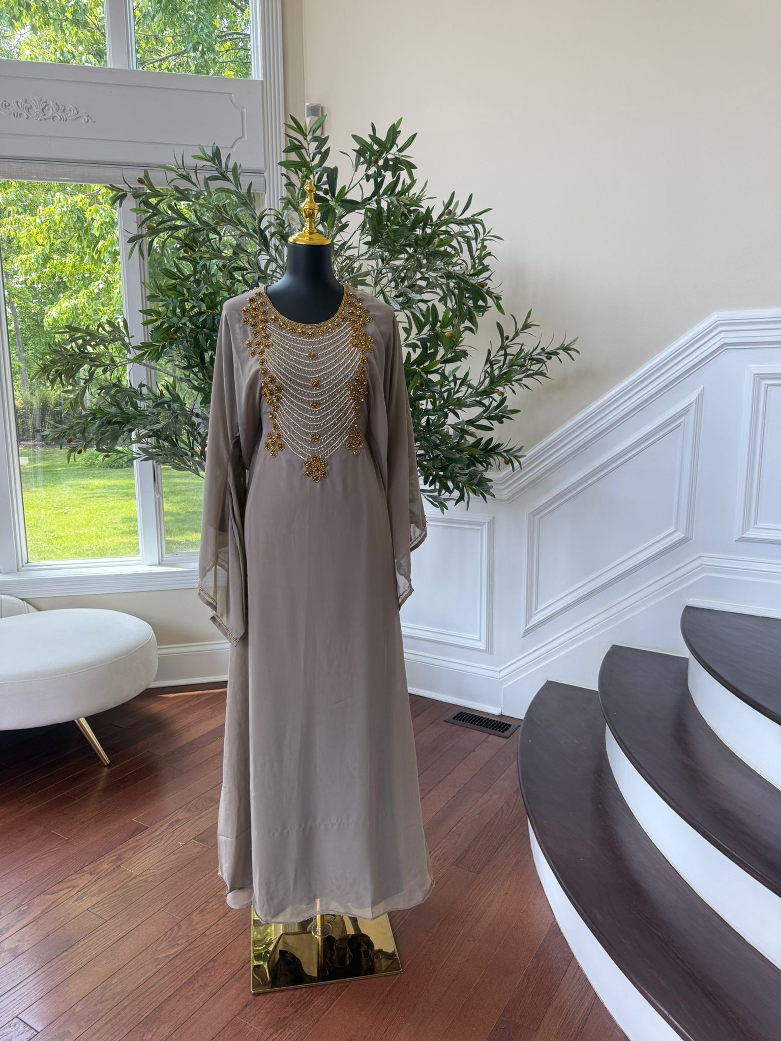 Taupe Beaded Kuftan Maxi Dress
