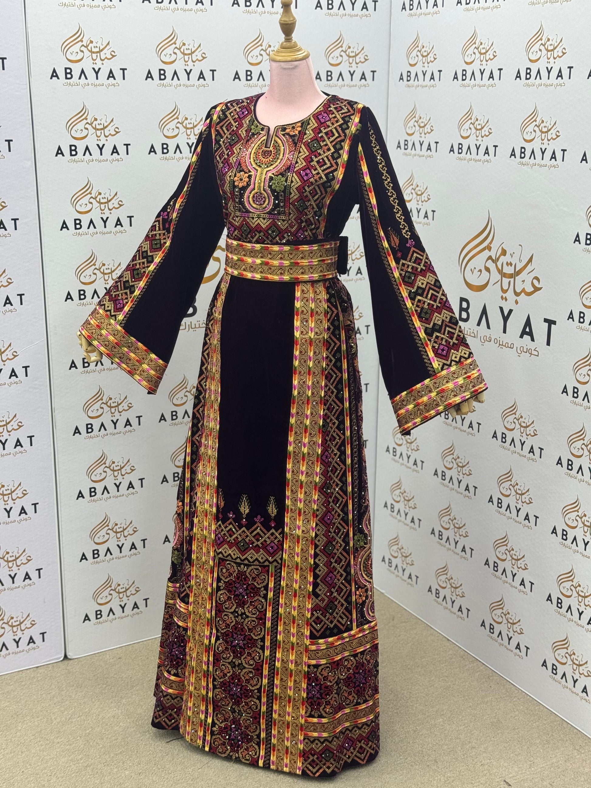 Burgundy Velvet Palestinian Embroidered Thobe – Elegant Tatreez Heritage Dress A09042025
