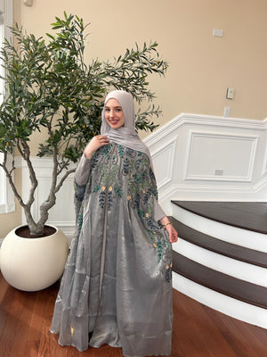 Elegant Grey Beaded Abaya Dress