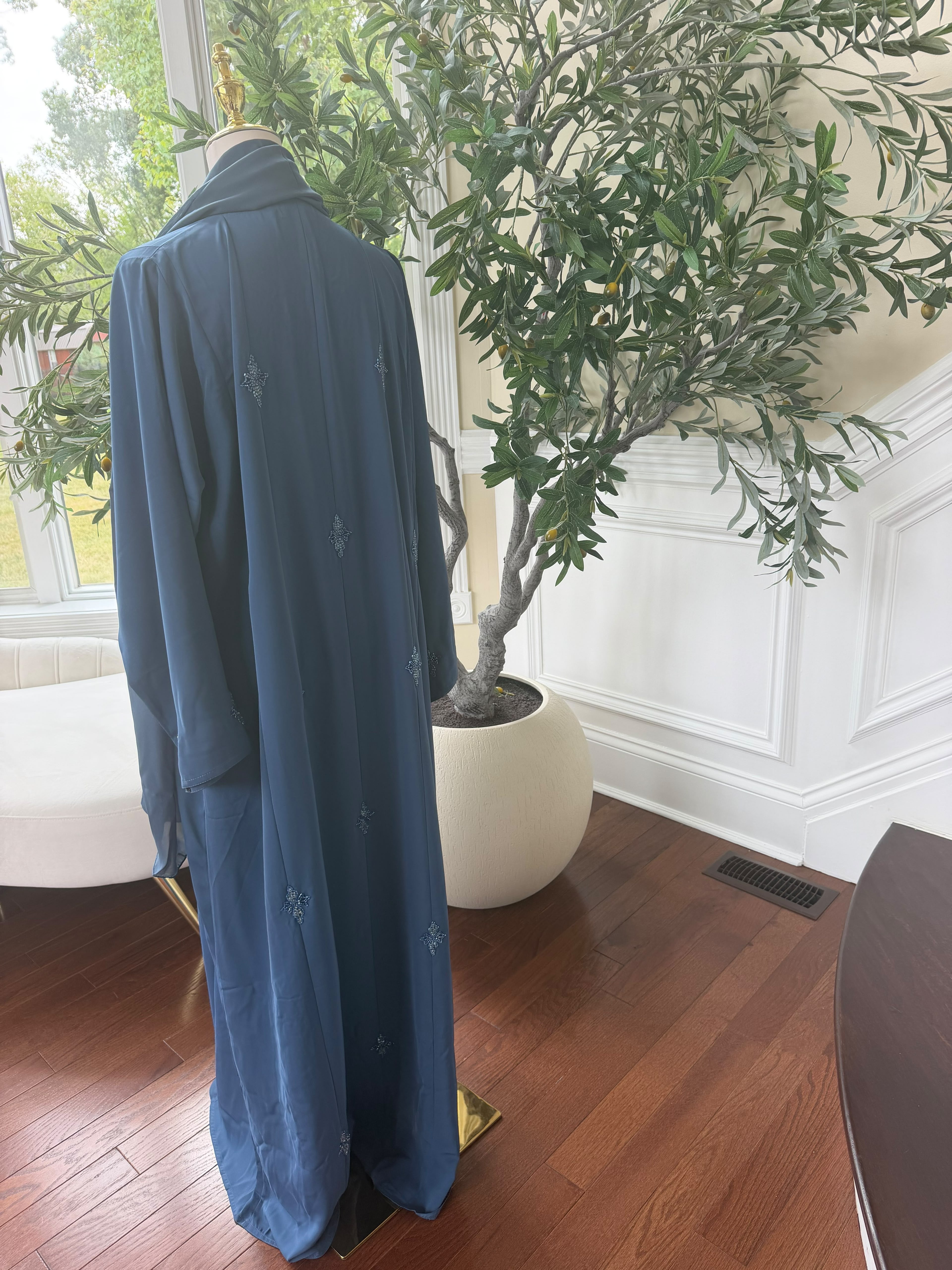 Blue Beaded Nada Fabric Charm Abaya