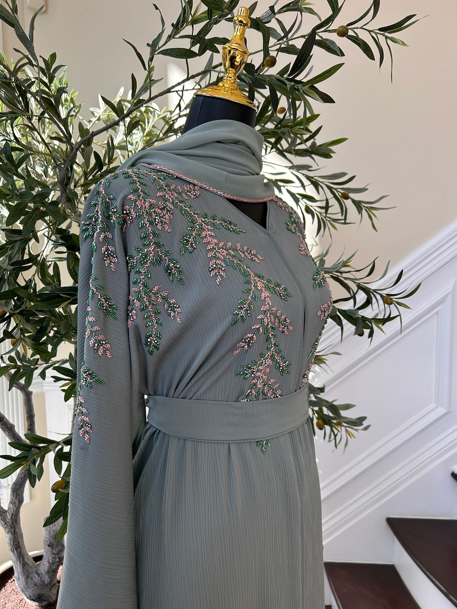 Mint Green Elegance Beaded Charm Abaya