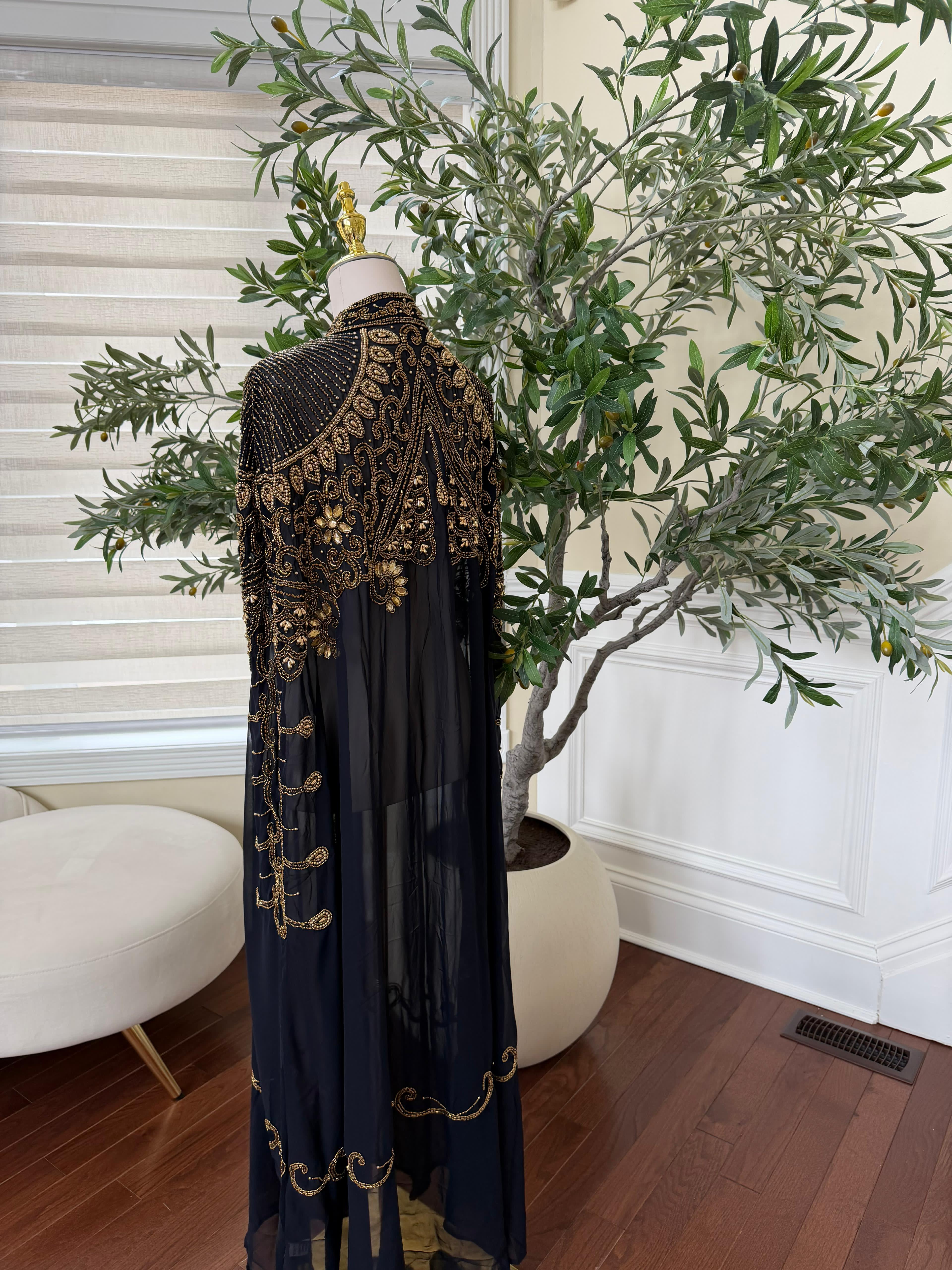 Navy Blue Golden Sequence Stone Cardigan Abaya