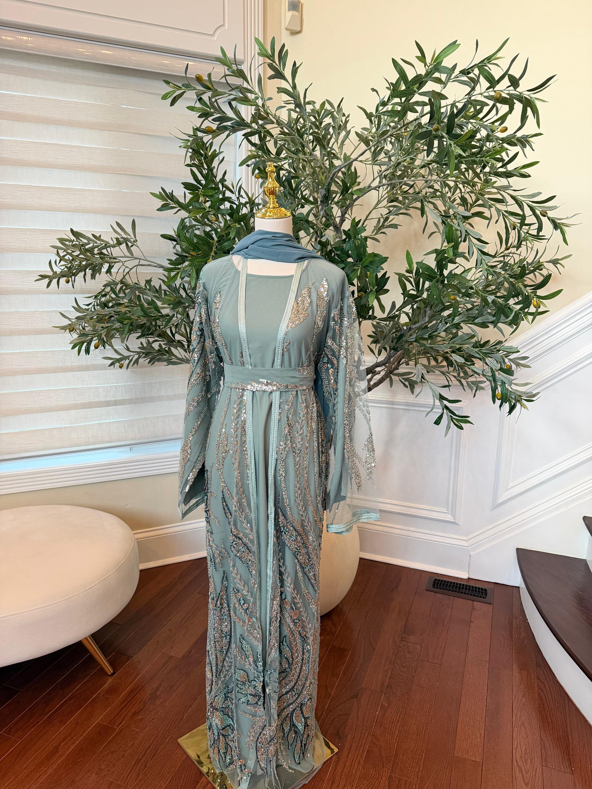 Mint Sequin Two Piece Abaya