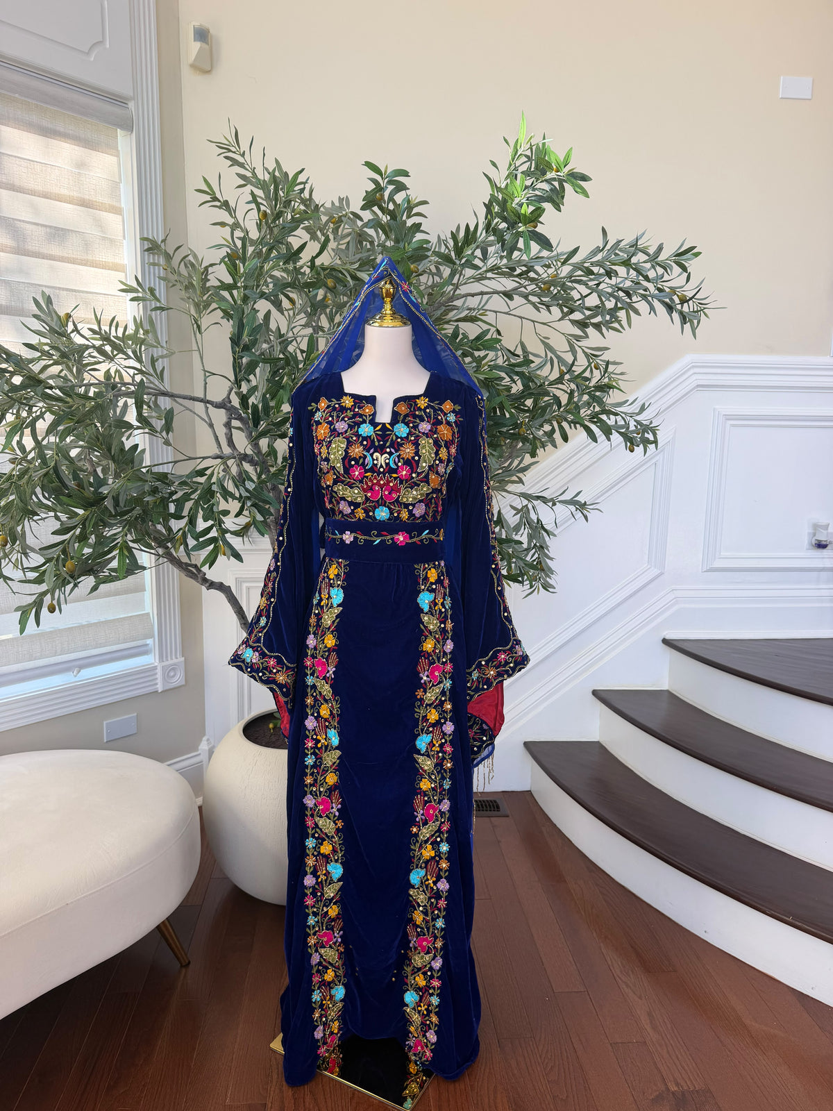 Midnight Blue Velvet Thobe with Intricate Multicolor Embroidery(scarf not included)