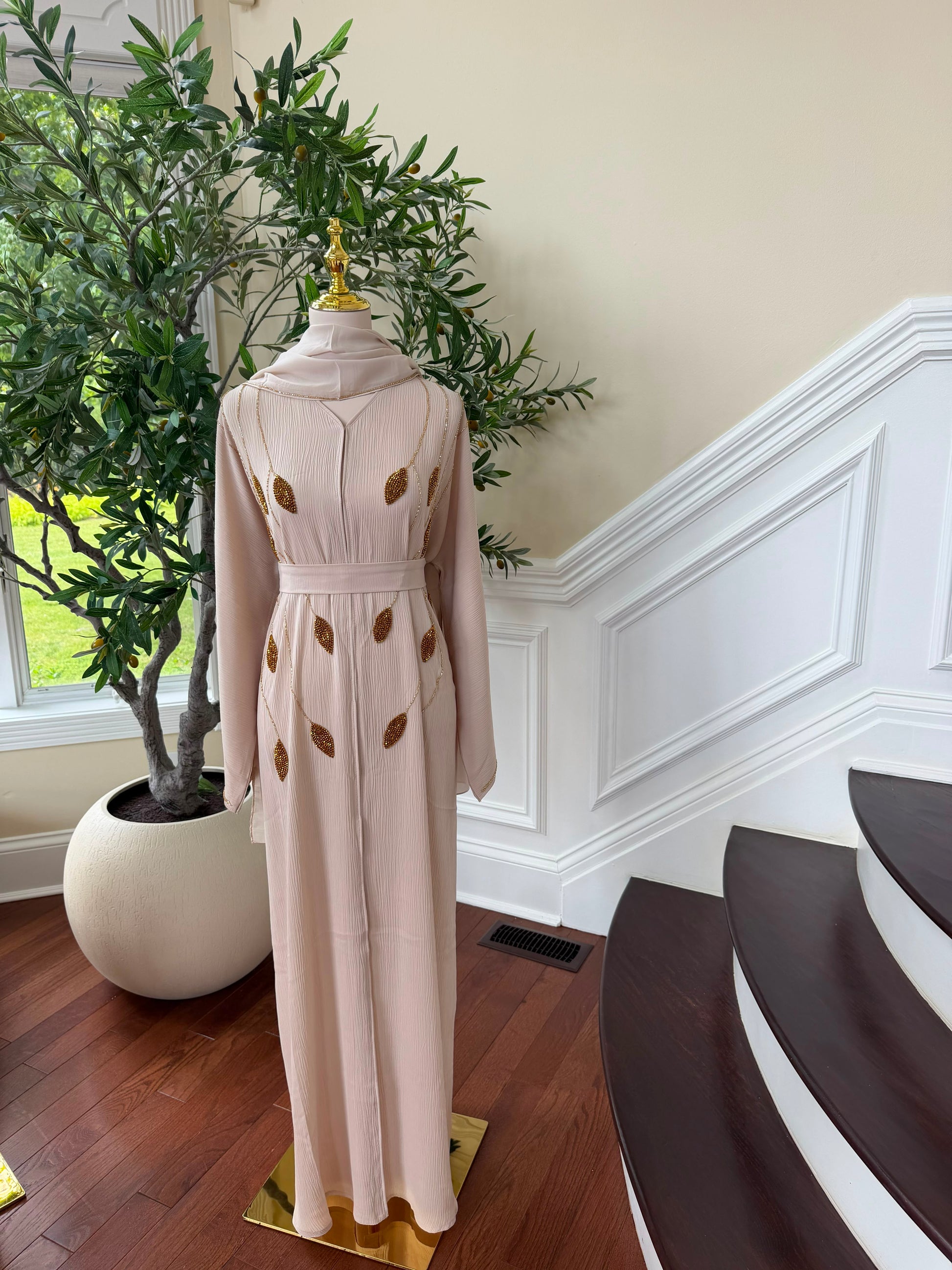 Cream Golden Beaded Essence Abaya