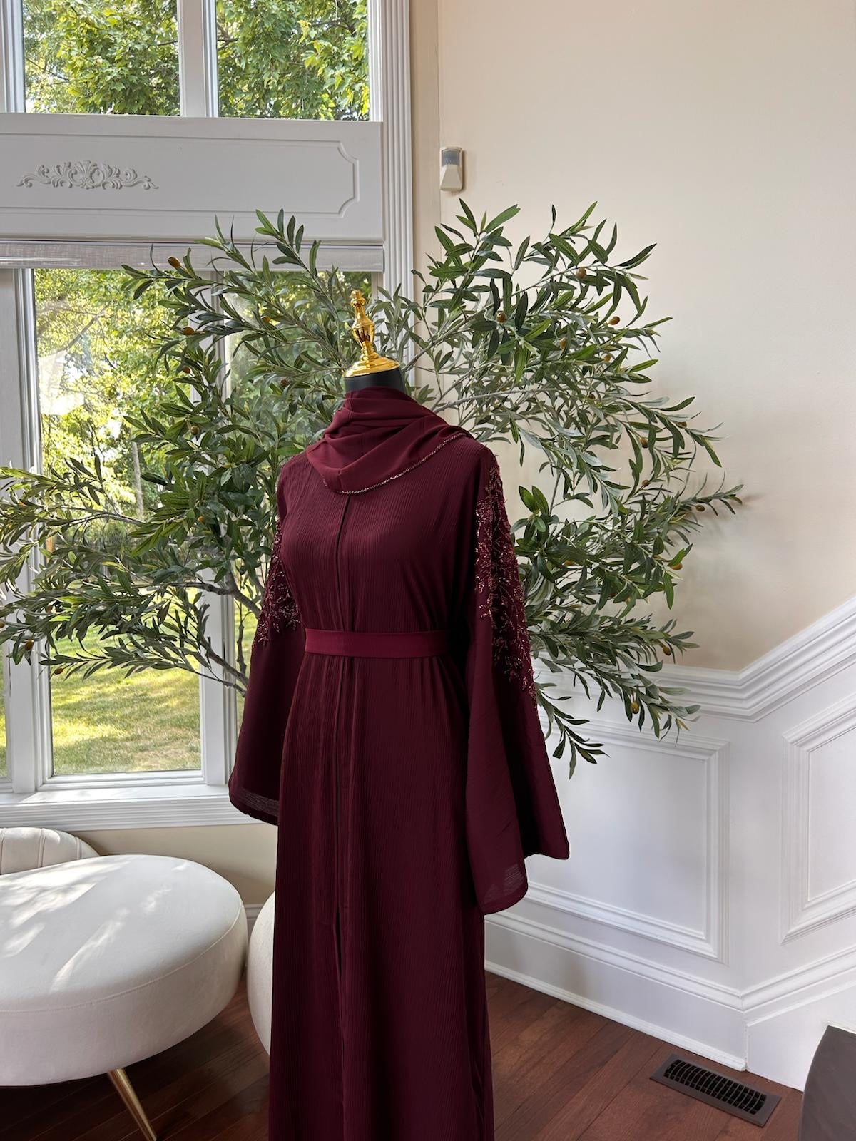 Floral Burgundy Sleeve Charm Abaya