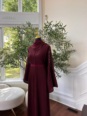 Floral Burgundy Sleeve Charm Abaya