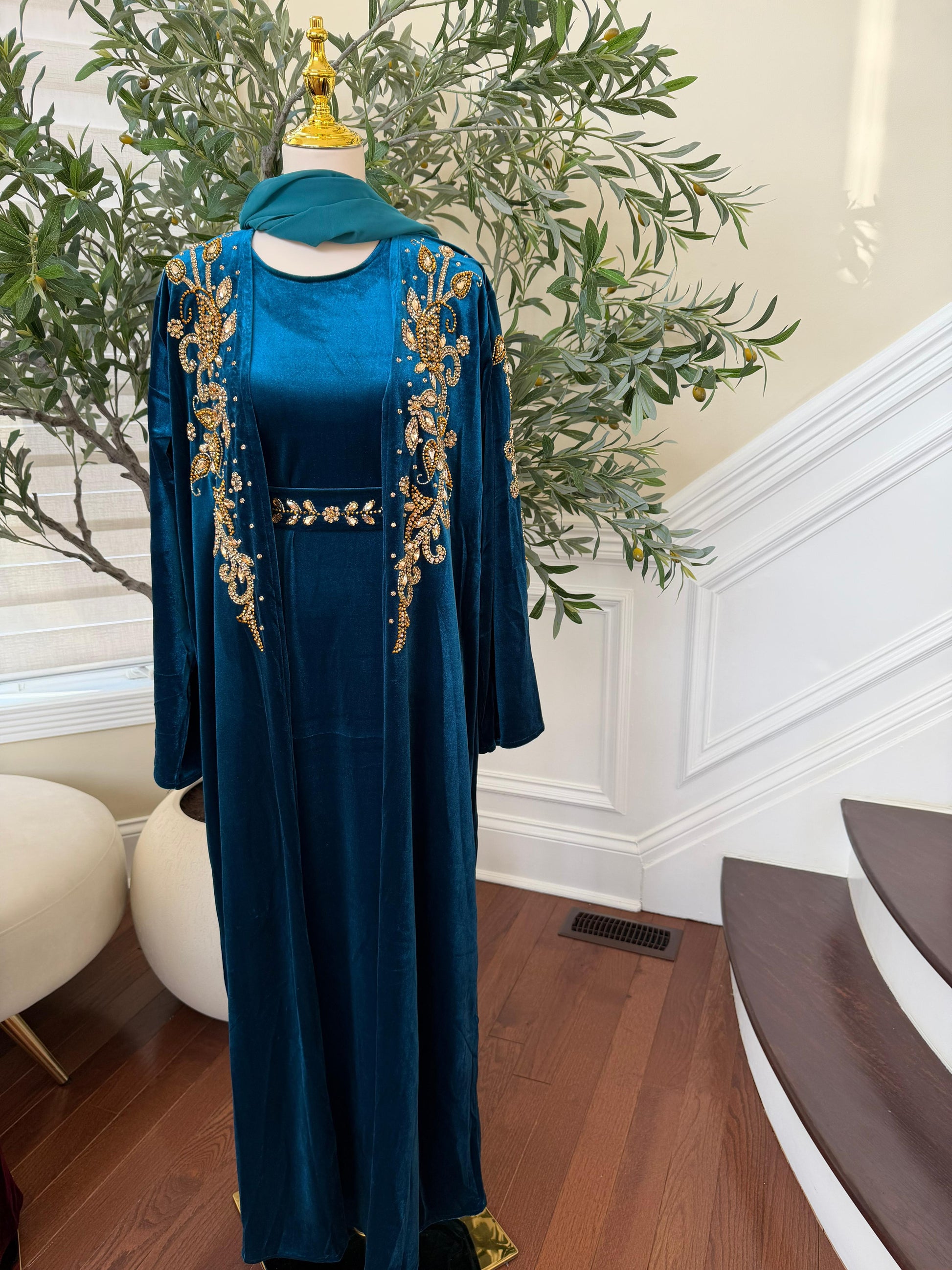 Turquoise Golden Crystal Two Piece Beaded Abaya