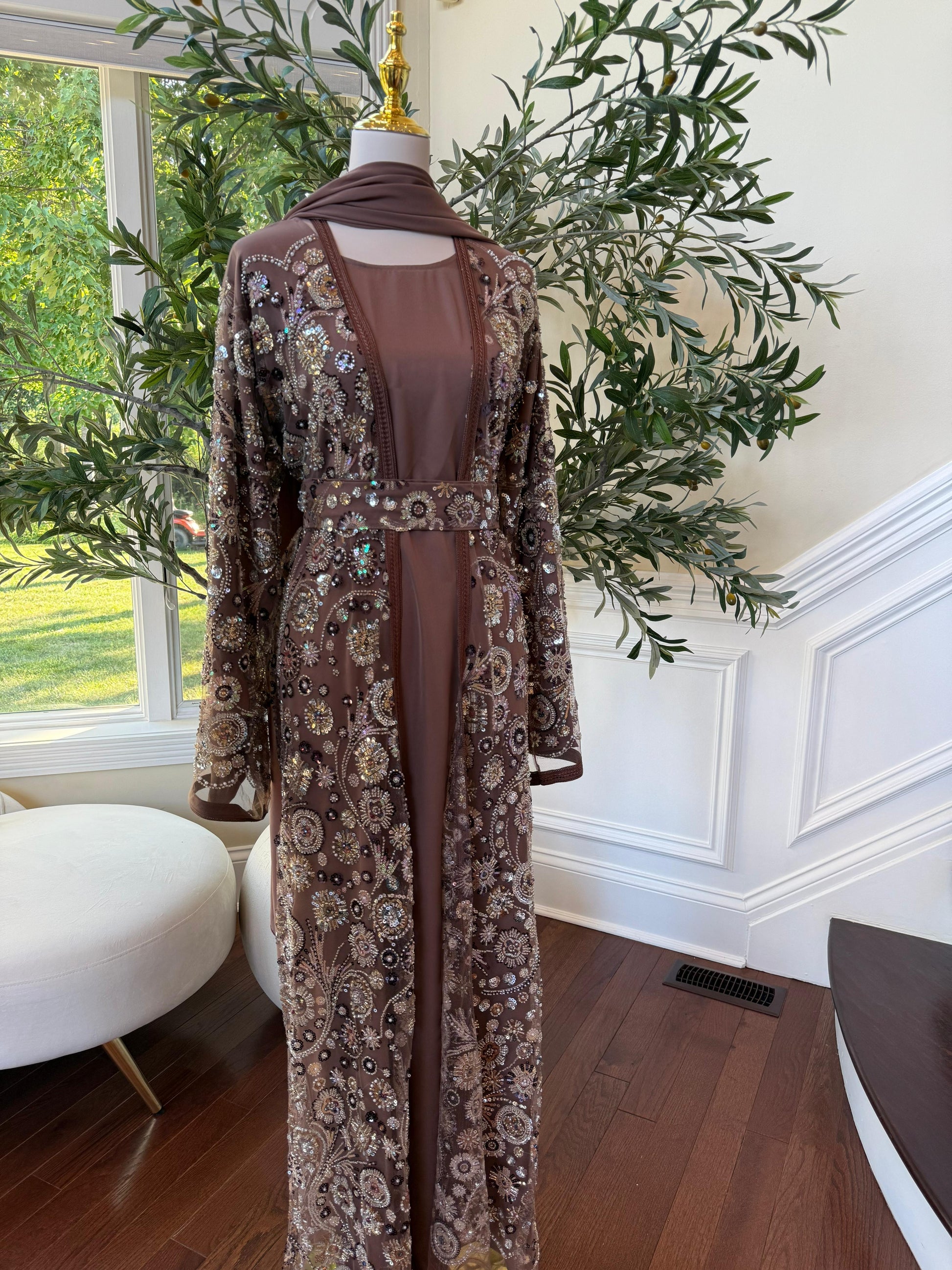 Mocha Crystal Sequin Abaya