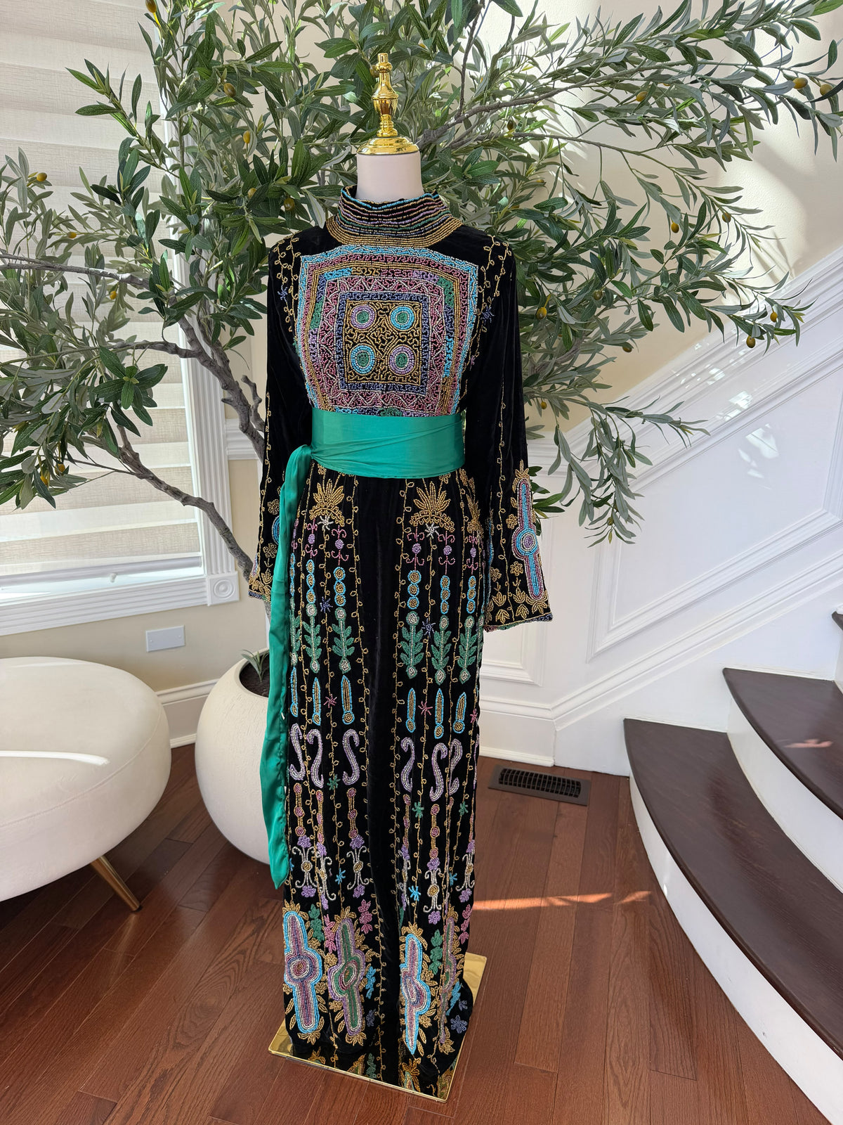 Elegant Black Palestinian Embroidered Thobe with Multicolor Detailing and Turquoise Sash (scarf not included)