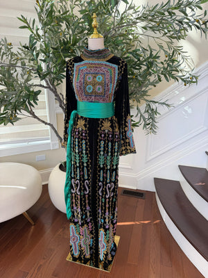 Elegant Black Palestinian Embroidered Thobe with Multicolor Detailing and Turquoise Sash (scarf not included)