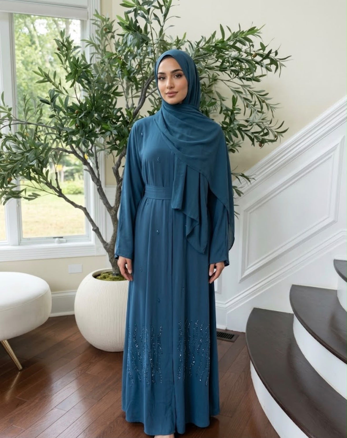 Blue Elegance Charm Beaded Nade Fabric Abaya