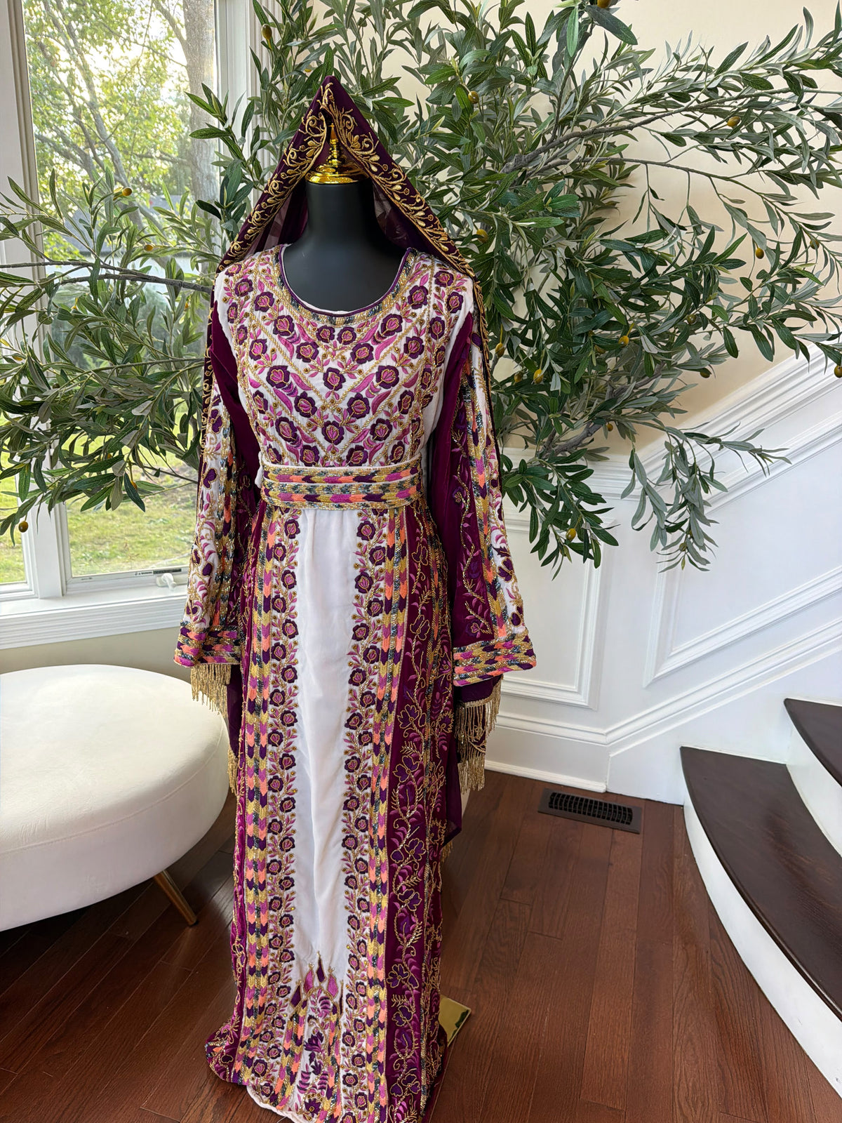 Elegant Purple and Cream Thobe with Intricate Floral Embroidery and Gold Accents (scarf not included)
