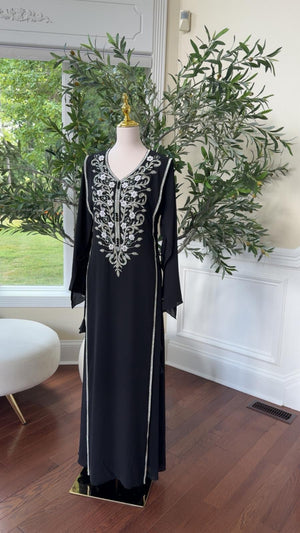 Luxury Black Kaftan with Intricate Silver Detailing