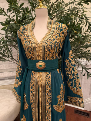 Deep Teal Kaftan Featuring Intricate Gold Detailing