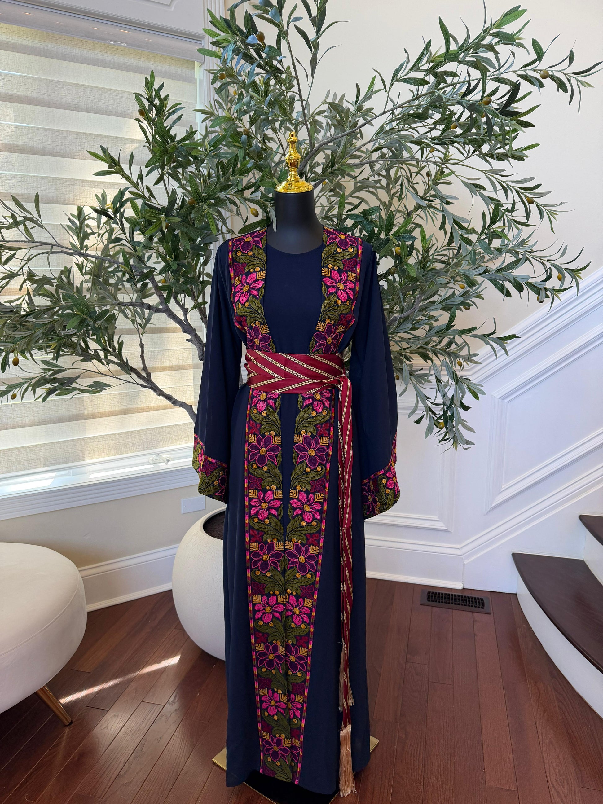 Navy Blue Embroidery Floral Tatreez Thobe