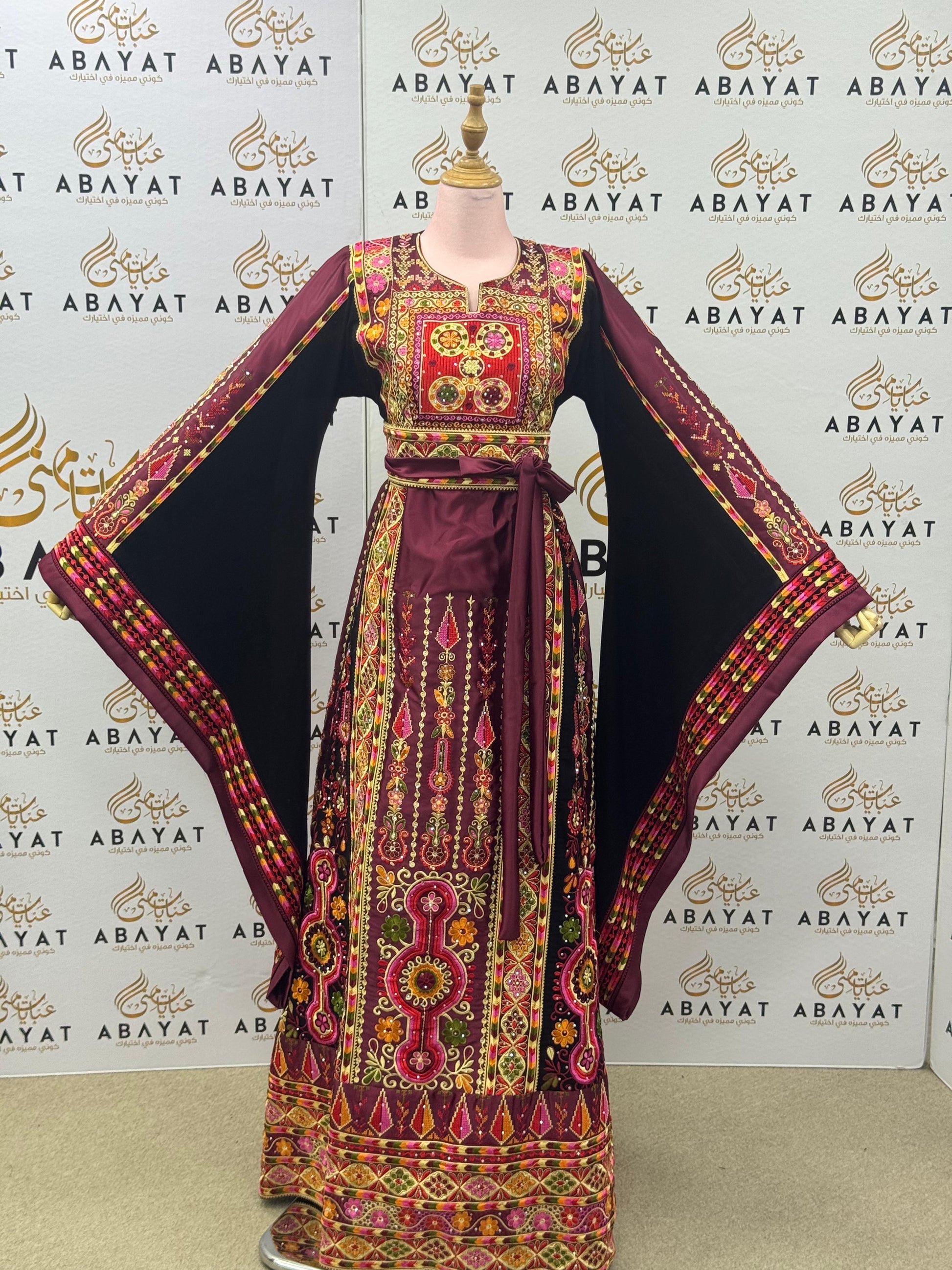 Burgundy & Gold Palestinian Embroidery Thobe – Floral Heritage Design