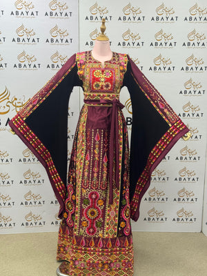 Burgundy & Gold Palestinian Embroidery Thobe – Floral Heritage Design