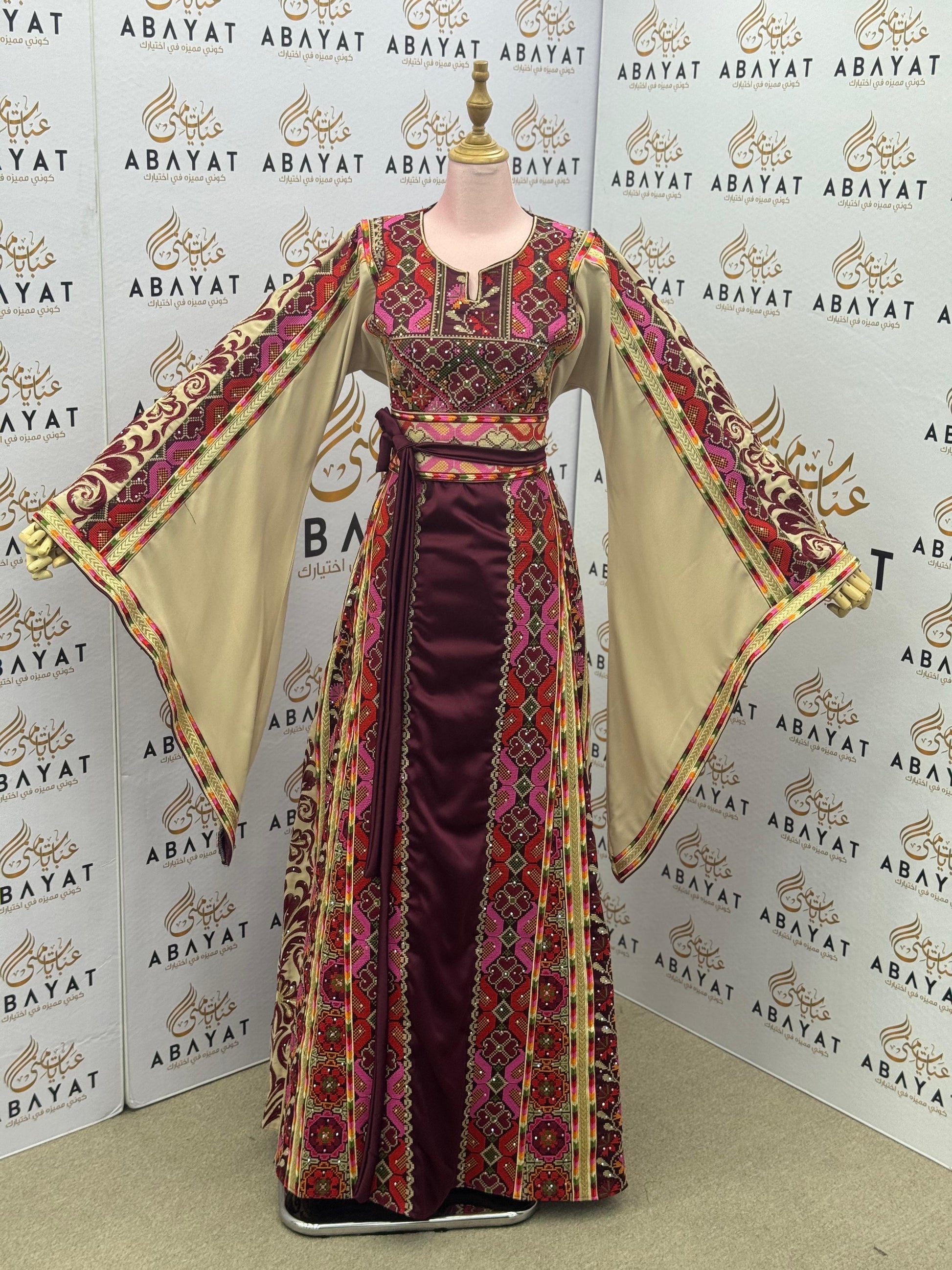 Burgundy & Beige Palestinian Embroidery Thobe – Colorful Geometric Elegance A09092025
