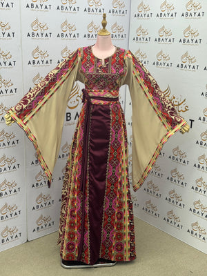 Burgundy & Beige Palestinian Embroidery Thobe – Colorful Geometric Elegance A09092025