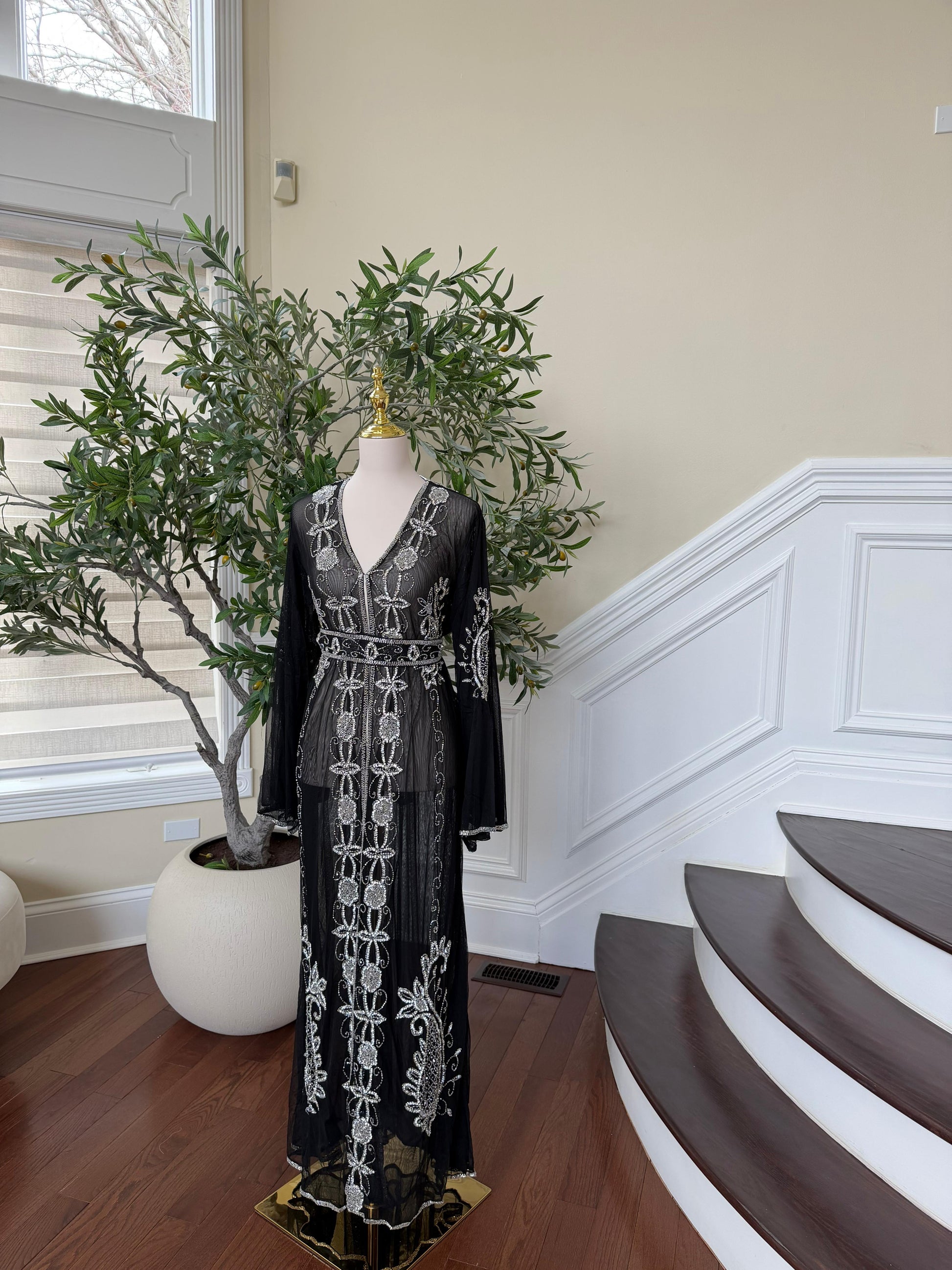 Black Silver Stone Cardigan Abaya