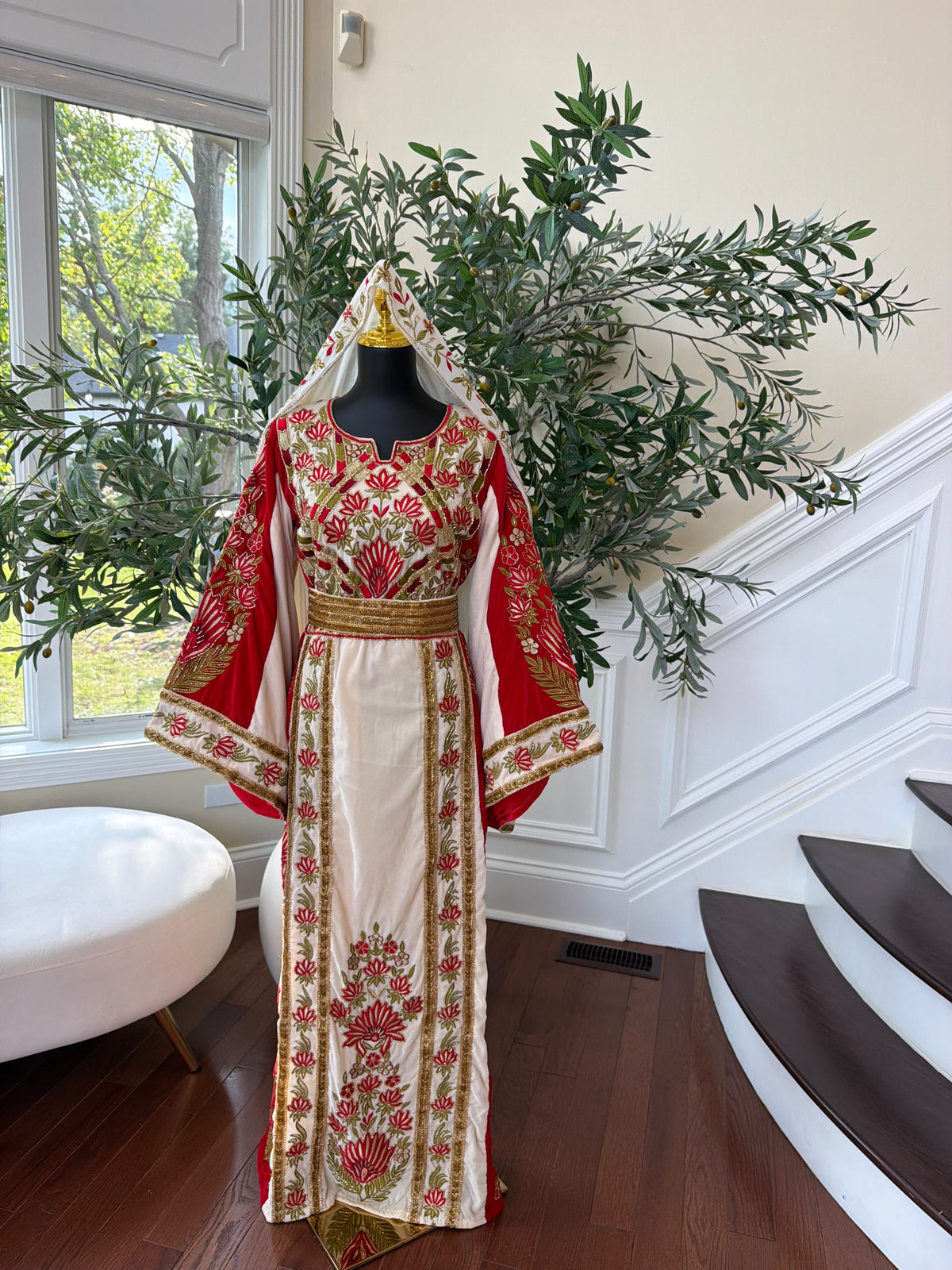 Elegant Cream and Red Thobe with Gold Floral Embroidery(scarf not included)