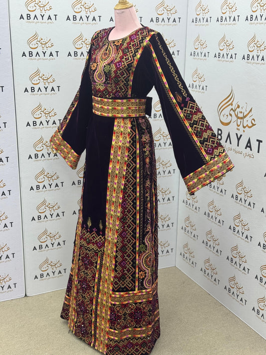 Burgundy Velvet Palestinian Embroidered Thobe – Elegant Tatreez Heritage Dress A09042025