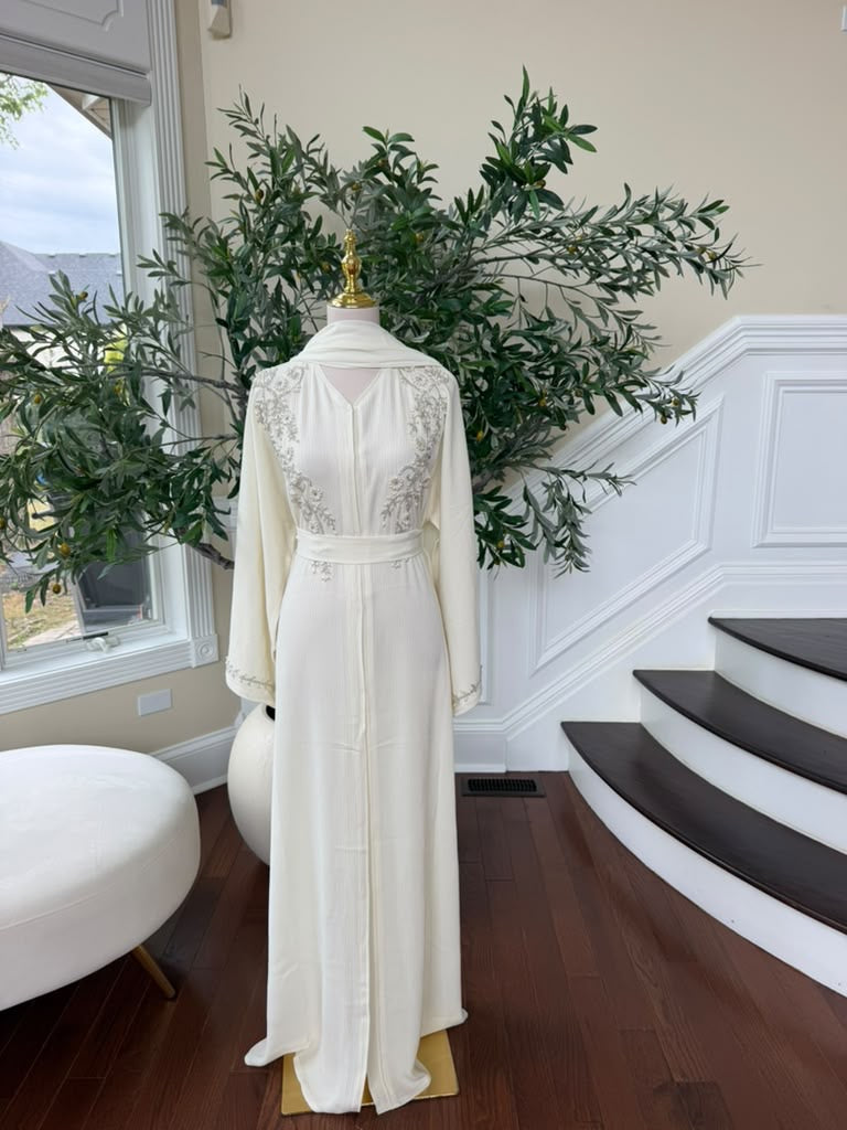 Off White Charm Beaded Floral Abaya