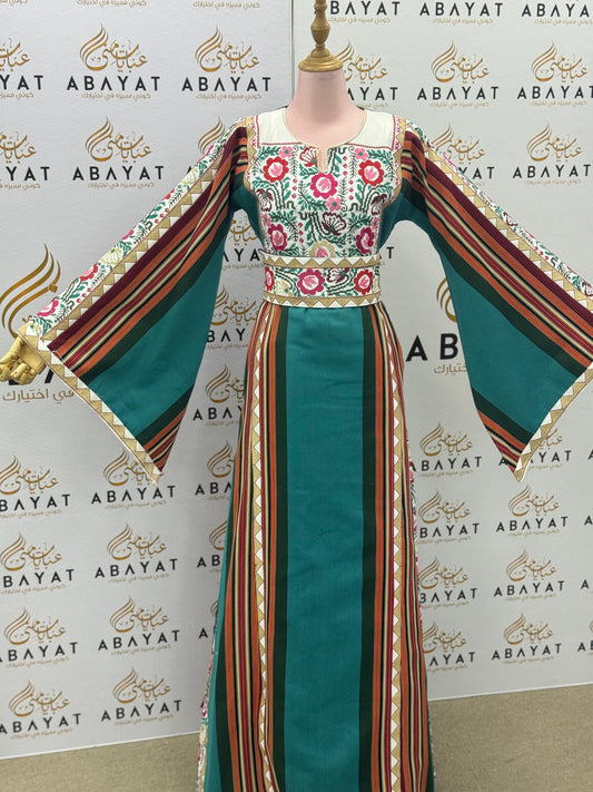 Emerald & Floral Palestinian Thobe – Traditional Embroidered Maxi Dress”