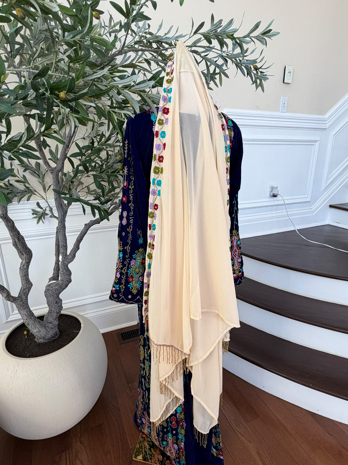 Elegant Cream Floral Embroidered Shawl with Gold Beaded Fringe